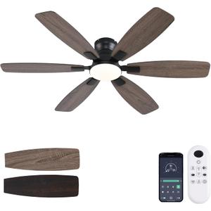 Ceiling Fans with Lights, 52 Inch Low Profile Ceiling Fan with Light and Remote Control, Flush Mount, Reversible, 3CCT, Dimmable, Quiet, Brown Ceiling Fan for Bedroom Indoor/Outdoor Use