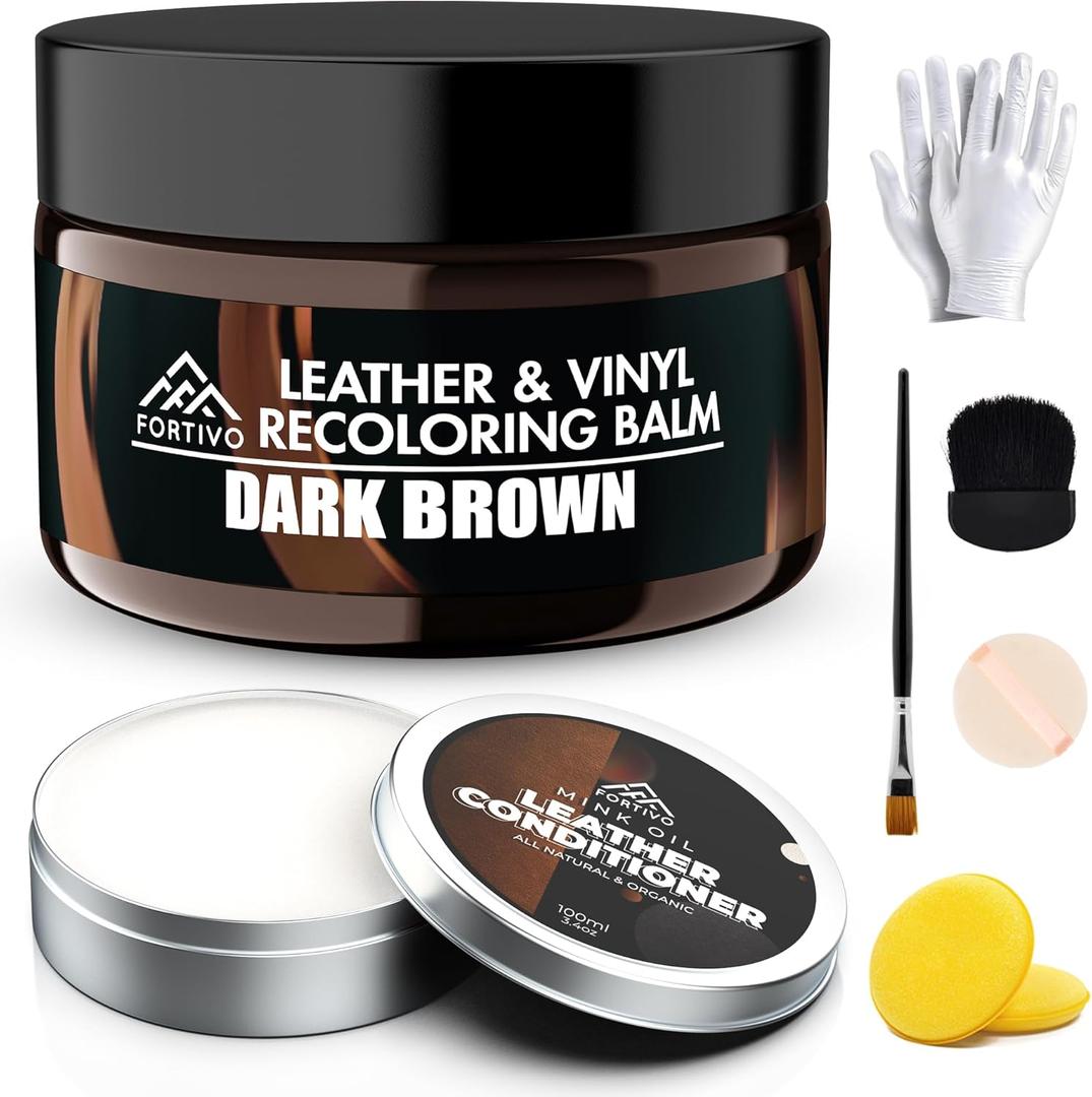 FORTIVO Leather Recoloring Balm with Mink Oil, Couch Repair Kit, Leather Dye and Restorer for Furniture (Dark Brown)
