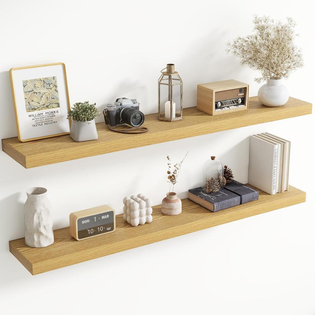 55 Inch Floating Shelves for Wall, 8 Inch Deep, Invisible Brackets, Oak | Rustic Wall Mounted Shelf, Storage & Display, Wooden Shelves for Living Room, Kitchen, Bathroom and Home Decor, Set of 2