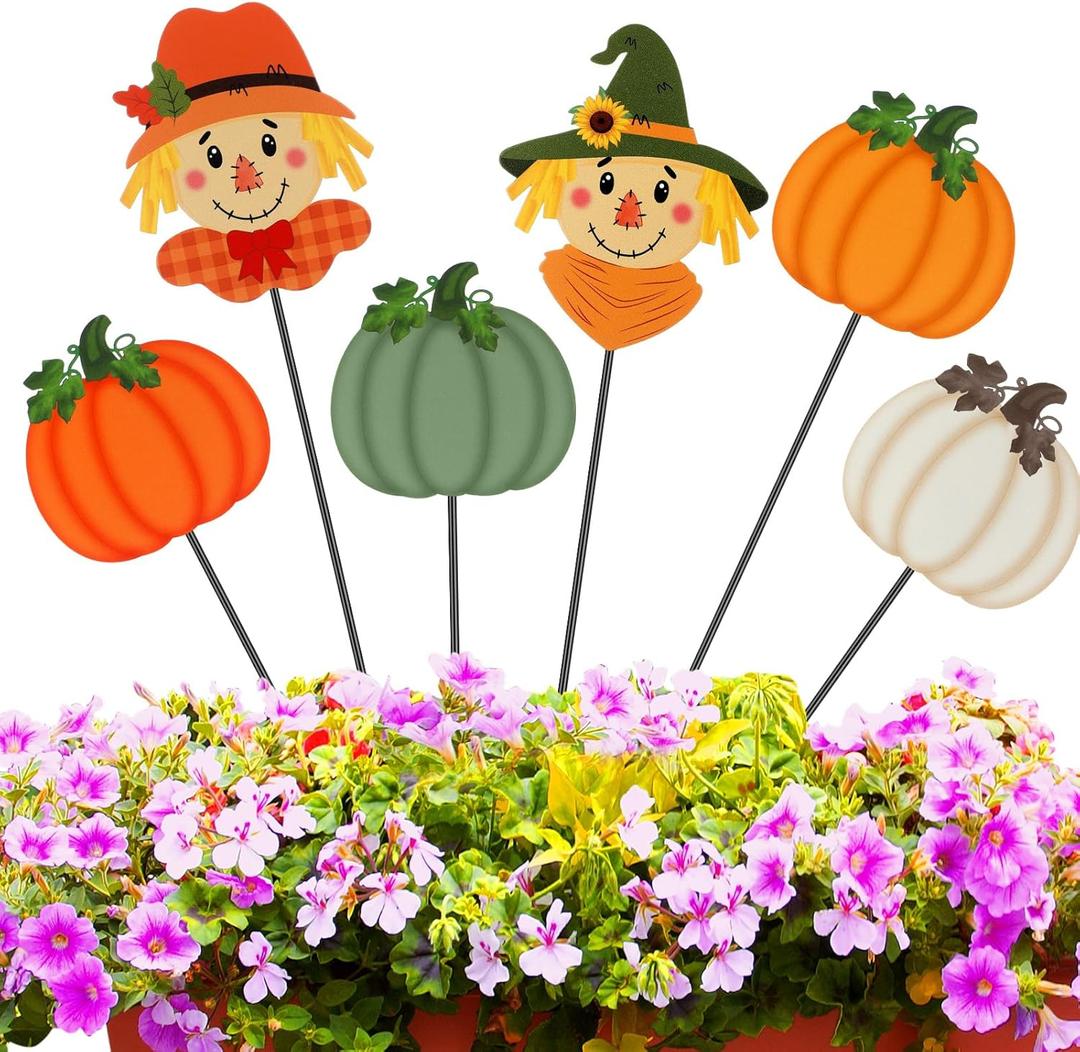 6 Pcs 12'' Thanksgiving Garden Stakes Pumpkin Scarecrow Maple Leaves Fall Metal Yard Sign Yard Stakes Outdoor Thanksgiving Decorations for Planter Lawn Patio Walkway Porch (Cute Style)