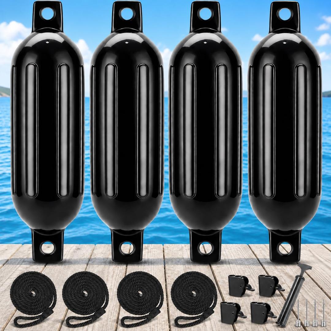 FUCNEN Boat Fenders 6 Pack 6.5" x 23" Boat Bumpers Fenders for Docking with Pump, 4 Fender Ropes, 304 SS Quick-Release Fender Hanger Clips, for Pontoon, Yacht, Sailboat, Docking & Rafting(Black)