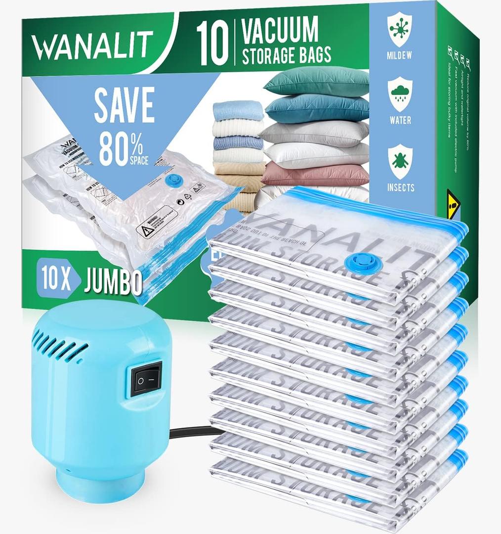 WANALIT Vacuum Storage Bags with Electric Pump, 10 Pack Jumbo Size40"x28" Reusable Compression Space Saving Bag for Clothes, Bedding, Mattress, Blankets, Pillows, Comforters, Travel, White