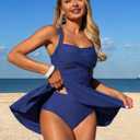 ZAFUL Women High Waisted Tummy Control Swimdress Two Piece Swimsuit Sleeveless Ruched Cute Modest Bathing Suits Beach Outfits (Blue, Large)