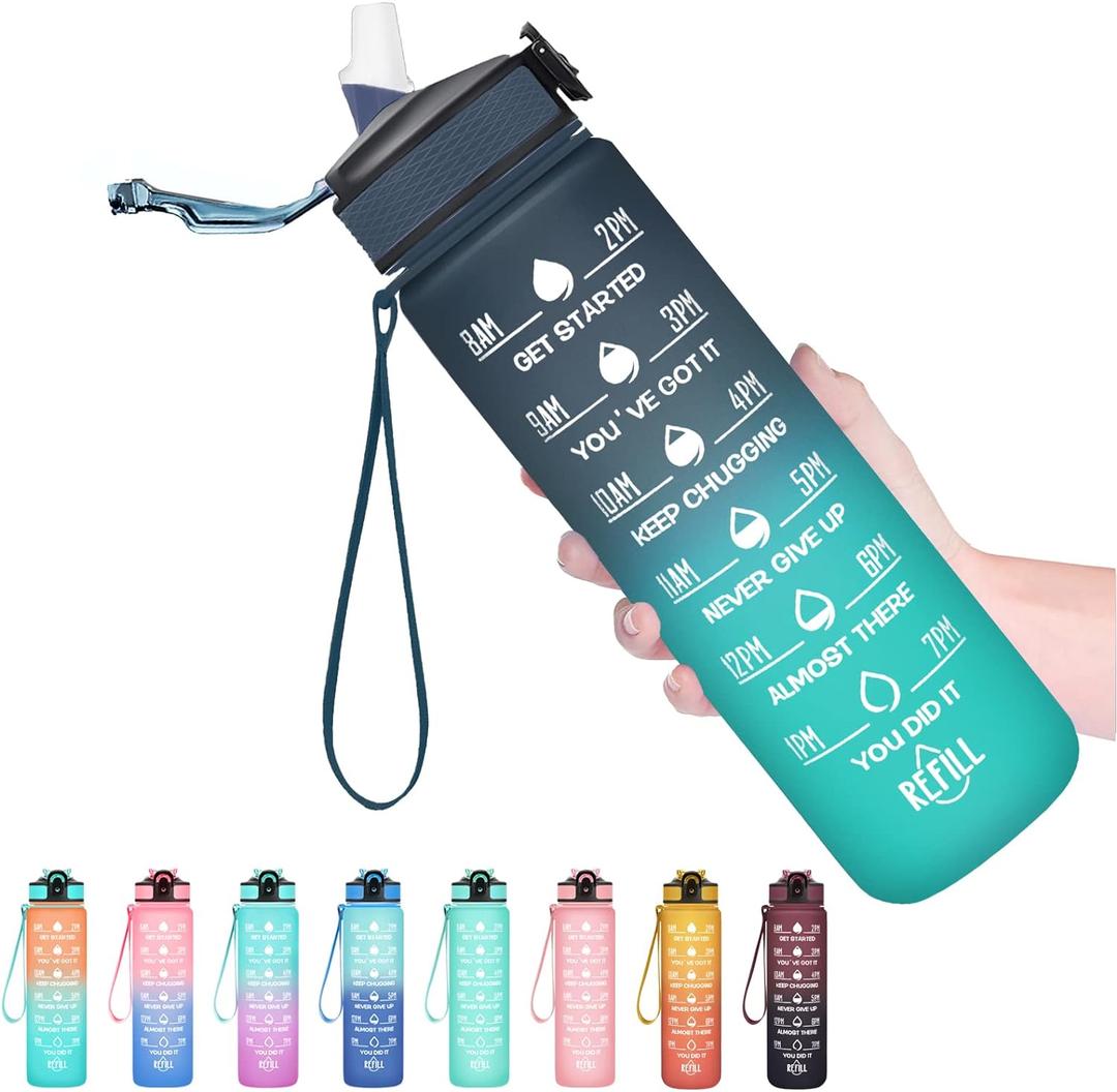Hyeta 32 oz Water Bottles with Times to Drink and Straw, Motivational Water Bottle with Time Marker, Leakproof, Drinking Sports Water Bottle for Fitness, Gym and Outdoor (Navy-Blue-Green)