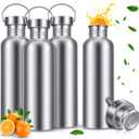 CHENGU 4 Pack Stainless Steel Water Bottles Single Wall 304 18/8 Water Bottle for Sports, Cyclists, Runners, Hikers(Silver,34 oz)