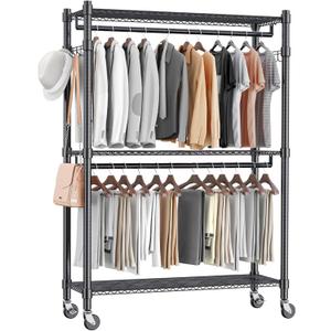 Homdox Rolling Garment Rack with Double Rod, Heavy Duty Clothing Rack with Shelves, Portable Clothes Rack, Free Standing Wardrobe Rack, with Lockable Wheels & Hanging Hooks, Max Load 450 LBS, Black