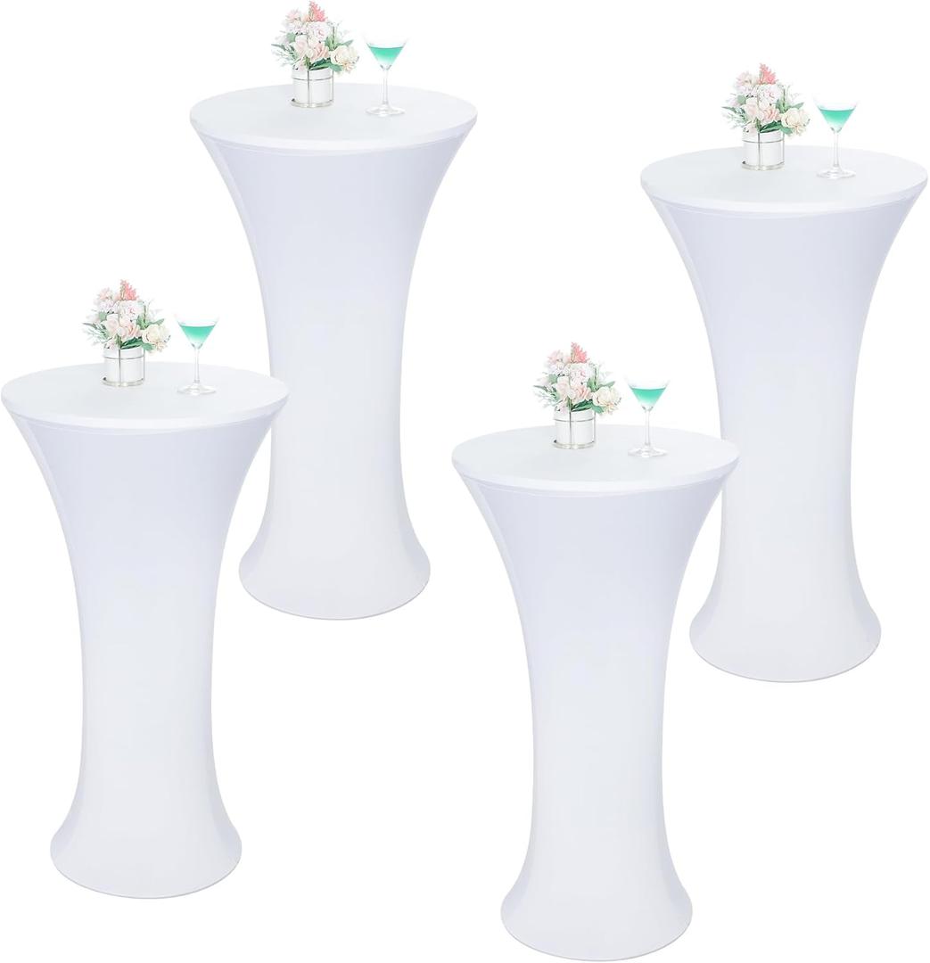 Wolkemer 4PCS 24x43 Inch White Round Cocktail Tablecloth Fitted Highboy Stretch Cocktail Table Cover for Banquet Bar Party Pub Wedding Indoor Outdoor