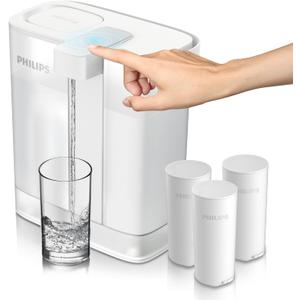 PHILIPS Water Filter Pitcher, GoZero Next-gen Instant Water Purifier Filter Dispenser with Rechargeable Battery Mirco-X Clean Tech, Reduce Chlorine Lead Copper for Fridge Door 12Cup 3Filter for 9month