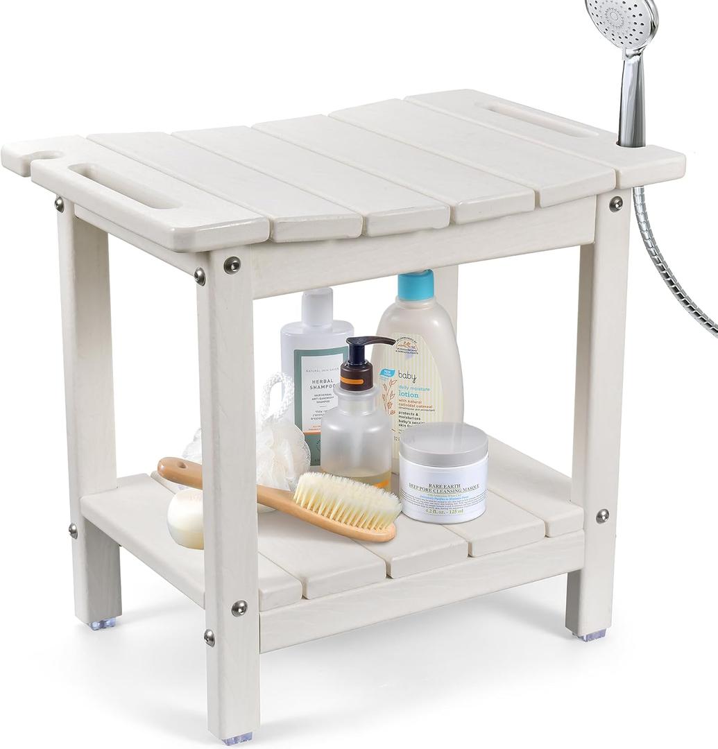 LyriFine Shower Chair for Inside Shower, 18.5 Inch HDPE Waterproof Shower Stool, Shower Chair with Shower Head Holder, 350LBS Sturdy Shower Bench for Elderly Seniors Shaving Legs, White