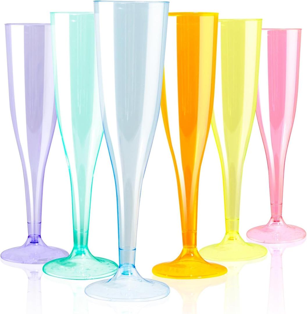 WDF 36 Pack Colorful Plastic Champagne Flutes - 7OZ Colorful Champagne Flutes Plastic Party Supplies, Pink, Yellow, Green, Blue, Purple, Orange Champagne Glasses 6 Pieces Each for Party/Wedding/Spring