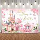 Princess Birthday Background Pink Floral and Castle Fairy Tale Birthday Theme Decorations Little Girls Photo Banner Desset Table Supplies (82"x59")