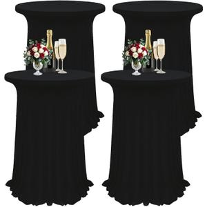 4Pack Black Cocktail Tablecloth 32"x 43" Table Skirt Spandex Stretch Round Cocktail Table Cover with Wavy Drapes Fitted High Top Covers for Wedding Party Banquet