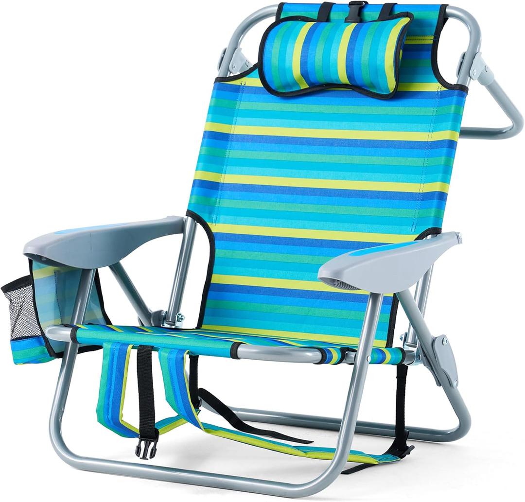 Portable Recliners Chair for Adults, Outdoor Camping Chair Lay Flat Folding Backpack Reclining Chair with 5 Positions, Headrest, Zipper Pouch, Cup Holder, NEW Srtiped