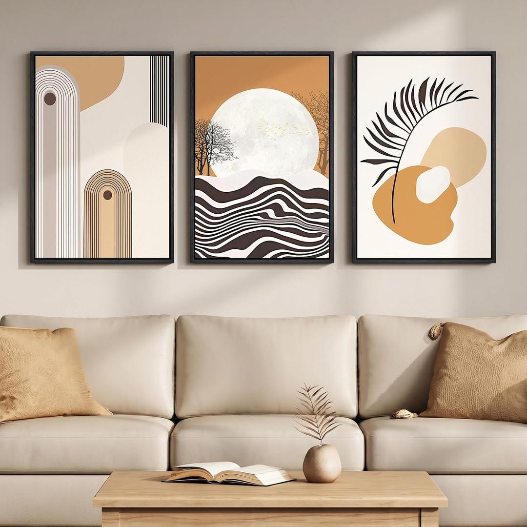 Framed Boho Mid Century Modern Wall Art for Living Room, 3 Piece Large Abstract Canvas Prints Paintings, Orange Earth Tones Moon Botanical Artwork Decor for Bedroom Hallway 16x24 Inch, 24" H x 16" W x 3Pcs