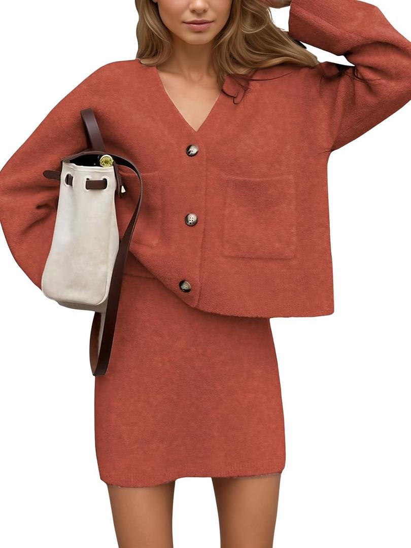 EXLURA Womens 2 Piece Skirt Sweater Sets V Neck Button Up Cardigan Mini Skirts Fall Winter Knit Trendy Outfits Pockets 2025 (Caramel), XL