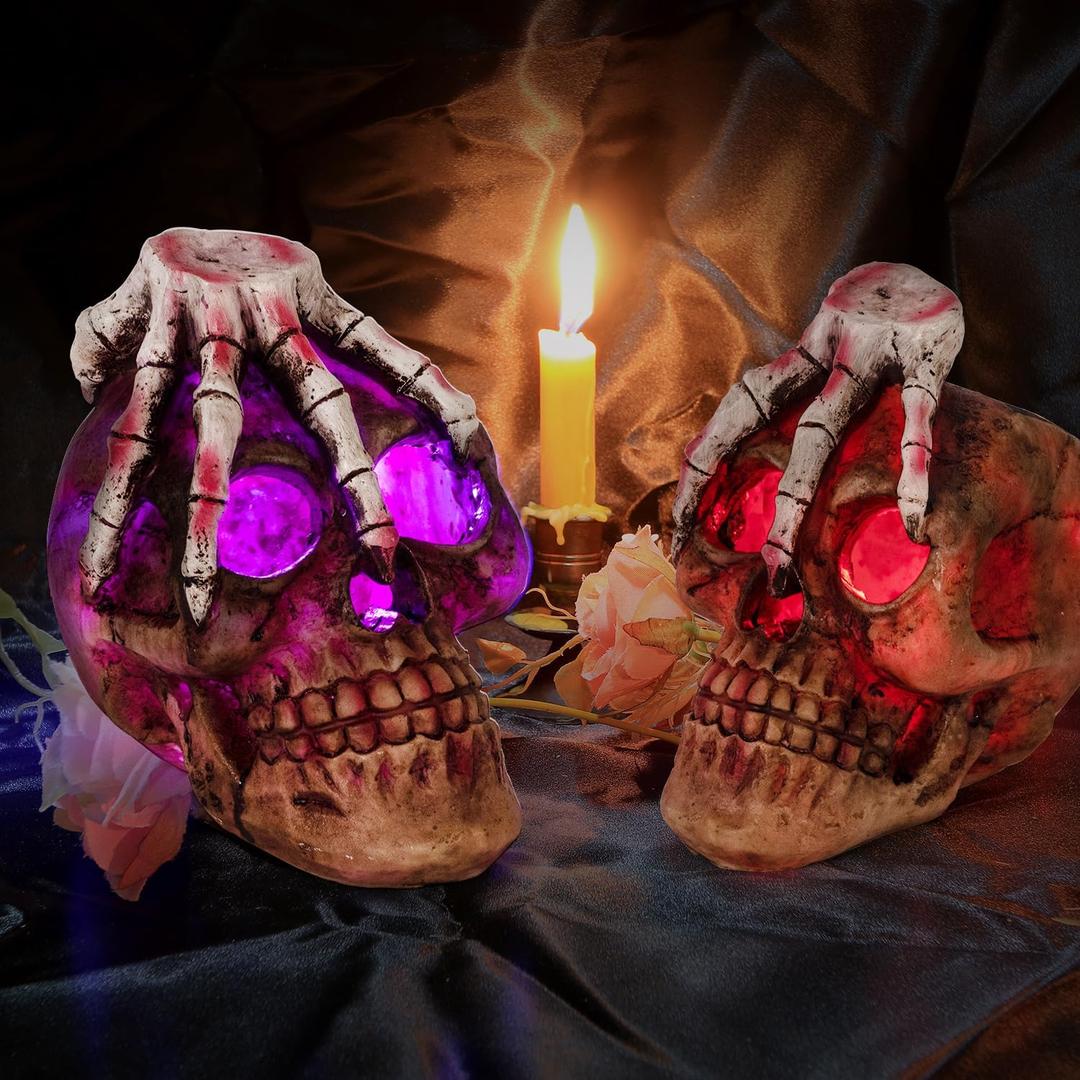 HUYIENO 2PK Solar Halloween Decorative Lights Skeleton Skull Human Skeleton Head Skull Model for Halloween Garden Yard Lawn Outdoor Decoration