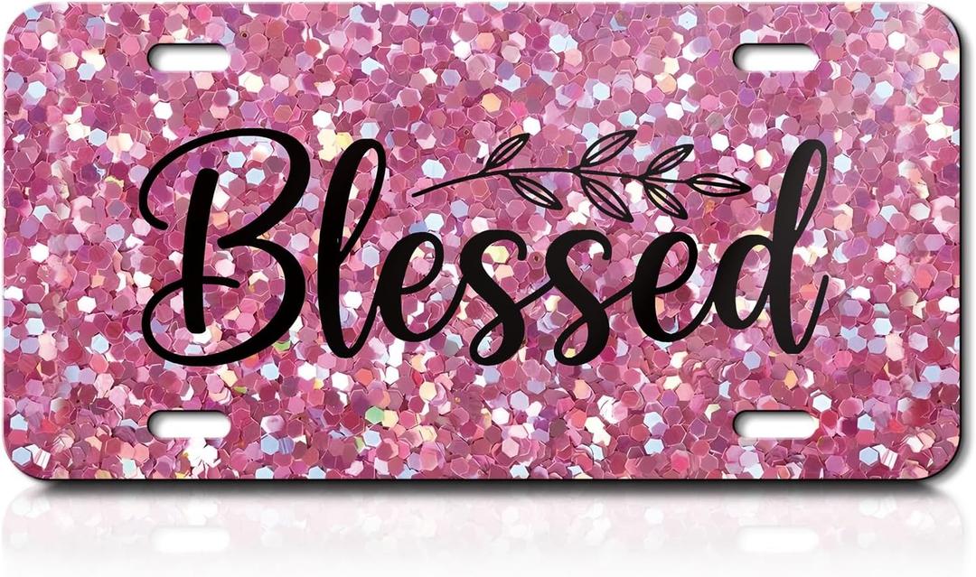 License Plate, Black Front Funny Cute Decoration Aluminum Metal License Plates Cover with 4 Holes, Novelty Vanity Tag Cover Car Decor Accessory Glitter Pink Words