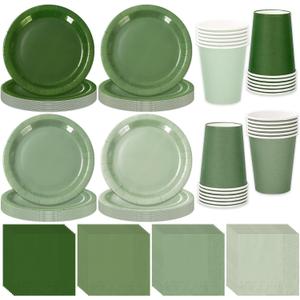 Whaline 244Pcs Sage Green Tableware Set Serves 48 Gradient Green Disposable Dinnerware 48 9" Plates 48 7" Plate 48 9oz Cups 100 Napkins for Wedding Birthday Party Supplies