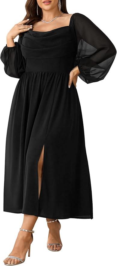 Women's Plus Size Dress Chiffon Long Sleeve Cowl Neck Wedding Guest Cocktail Party Maxi Dress (XX-Large Plus, Black)