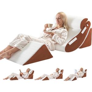 Orthopedic Bed Wedge Pillow Set 4PCS  Memory Foam Pillows for Sleeping, Post Surgery, Back Pain, Sitting Up in Bed, Acid Reflux, Snoring, Leg & Arm Support, White Brown