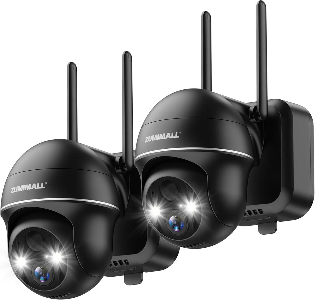ZUMIMALL Security Cameras Wireless Outdoor - 2 Packs, 2.4G WiFi Battery Powered Cameras for Home Security, 360 View, Spotlight & Siren/PIR Detection/3MP Color Night Vision/2-Way Talk/IP66/Cloud