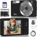 Digital Camera, FHD 4K 44MP Digital Camera, 16X Digital Zoom, Digital Point and Shoot Camera with 3-LED Fill Lights, 64GB SD Card, Compact Camera for Kids Teen Boys Girls, Black