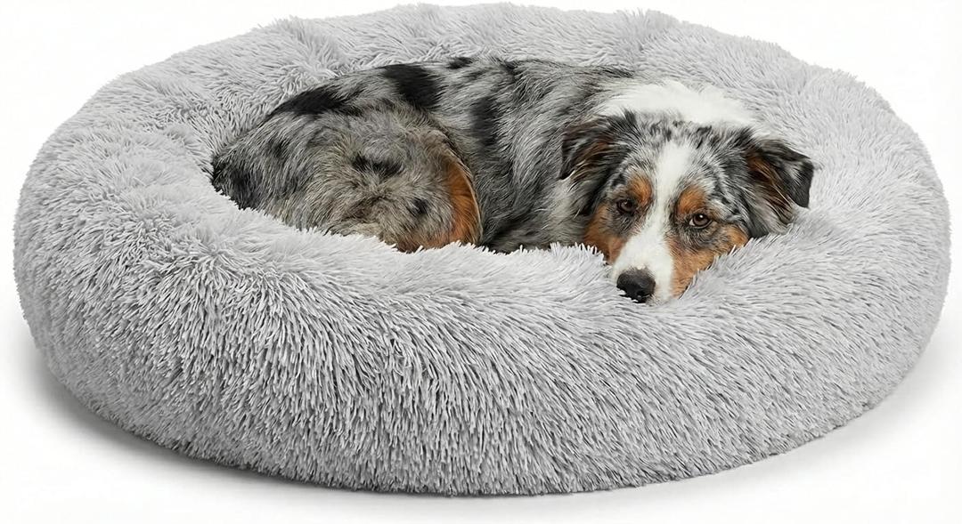 Active Pets Premium Medium Donut Dog Bed, Fits Up to 45 lbs, Removable Cover & Washable Cushion, Plush Long Pile Faux Fur Fabric, Portable Beige Pet Bed Furniture for Puppies Adult Canines & Cats (Light Grey)