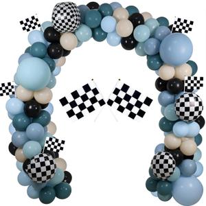 Race Balloon Garland Arch Kit, Dusty Blue Black Balloons with Checkered Balloons for Race Theme Birthday Party Decorations Baby Shower Party Supplies