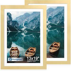 Hongkee 13x19 Picture Frame Set of 2, Gold Wood Style for 11x17 Mat, 13x19 in