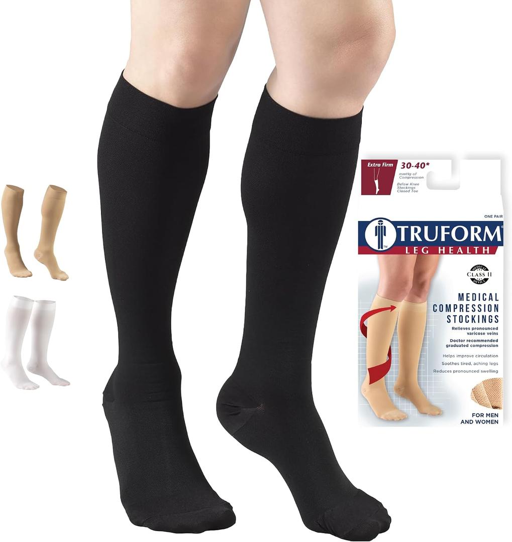 Truform 30-40 mmHg Compression Stockings for Men and Women, Knee High Length, Closed Toe, Black, 2X-Large