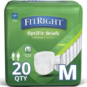 Medline FitRight OptiFit Extra+ Adult Diapers with leak stop guards, Disposable Incontinence Briefs with Tabs, Moderate Absorbency, Medium, 32"-44", 20 Count
