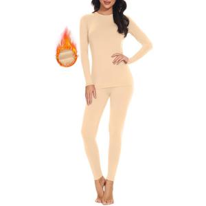 SIMIYA Thermal Underwear Set for Women Long Johns with Fleece Lined Long Sleeves Base Layer Set Top Bottom (Medium, Nude)