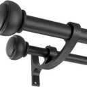 Matte Black Double Curtain Rods, Adjustable Double Rod Curtain Rods 28 to 48 Inch, Decorative Double Window Treatment Rods with Cap Finials, 1-Inch Front and 5/8 Inch Back Double Window Drapery Rod