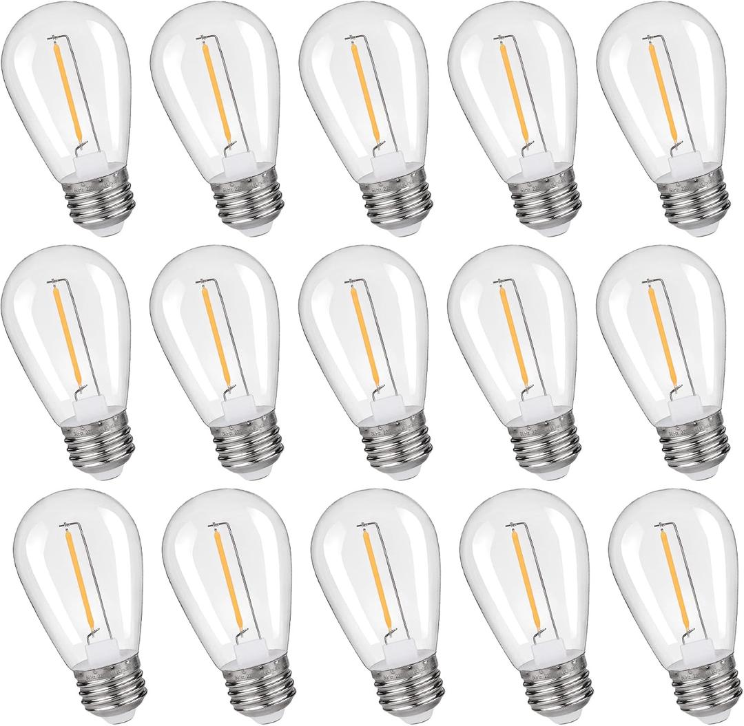 KLY 15-Pack LED String Light Bulbs, Plastic Shatterproof S14 Replacement Edison Bulbs, 1W Equivalent to 10W LED Bulb, Warm White 2200K E26 Base