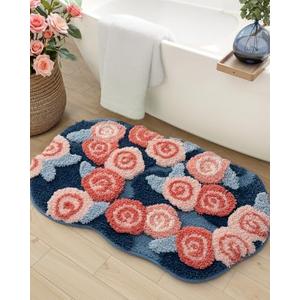 DEXI Flower Bath Mat, Ultra Thick Soft Floral Bathroom Rug, Water Absorbent Non Slip Microfiber Rugs for Shower Floor, Sink, Bedroom, Home Accessories Decor, 20x32, Floral Pink