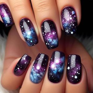 Purple Press on Nails Short Square Fake Nails with Starry Sky Designs Reusable Full Cover Nails Press ons Universe Stars Acrylic Nails for Women 24 Pcs