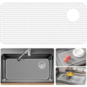 Bestjing Silicone Sink Protectors for Kitchen Sink - 28.4"x 14.3" Kitchen Protector Accessory, Non-Slip Heat Resistant Mat for Bottom of Farmhouse Porcelain Stainless Steel(Top Right Drain Hole,White)