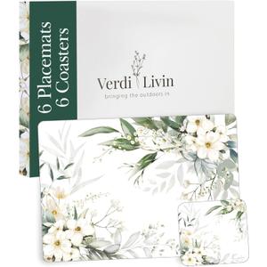 Cork Placemats Set of 6 Matching Coasters I Heat Resistant Place Mats for Dining Table 16" x 12", Cork Backed, Wipeable White Lily Design