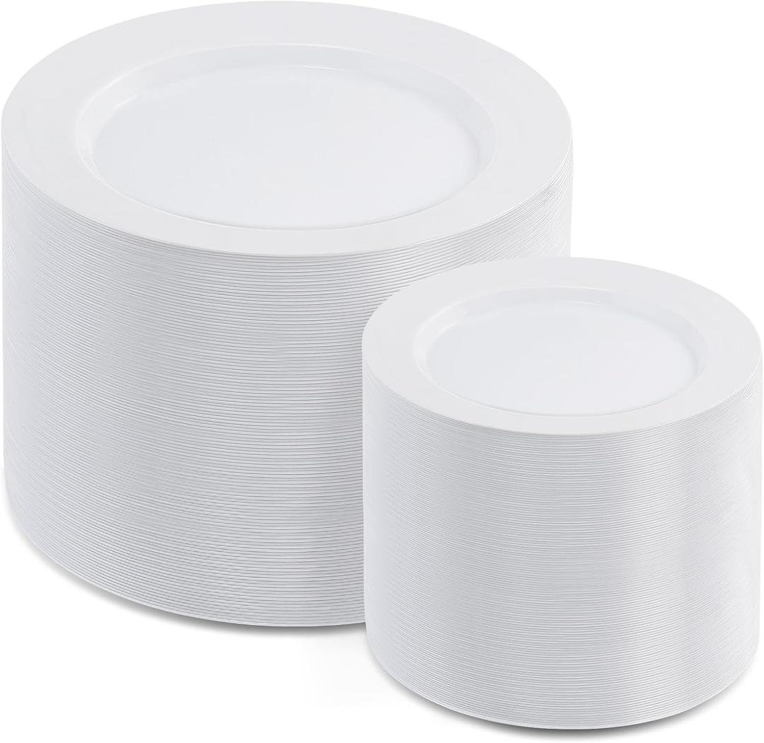 AOZITA 200pcs White Plastic Plates, Disposable Plates for Party, Heavy Duty Plastic Plates - 100 Dinner Plates and 100 Salad Plates, for Weddings, Parties and Events