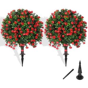Grooy Artificial Boxwood Topiary Tree with Rose, Set of 2 Artificial Shrub Bushes with Ground Spike, Fake Evergreen Tree for Porch, Artificial Plants for Outdoor Planters Indoor UV Resistant