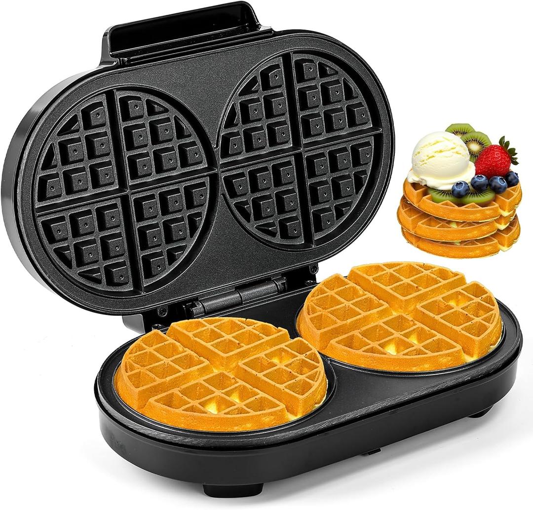 Double Waffle Maker 6 Inch, 1200W Belgian Waffle Maker for Breakfast and Snacks, Makes 2 Personalized Individual Keto Chaffles, Waffle Iron with Nonstick Plates, Temperature Knob, Black