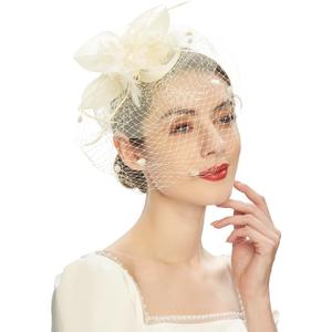 Cizoe Fascinator Hats for Women Tea Party Headband Kentucky Derby Wedding Flower Mesh Veil Fascinator (White)