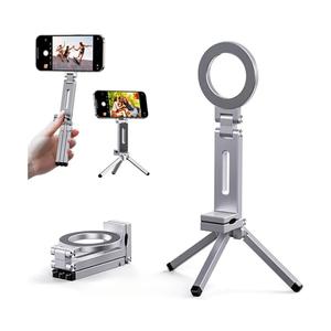 Magnetic Tripod for iPhone 17/16/15/14 Pro Max Air, Aluminum 360° Rotating Phone Stand with Magic Clip for Desk & Gym, Foldable Portable Vlog Gear for Travel, 1/4" Screw, 2 Metal Rings