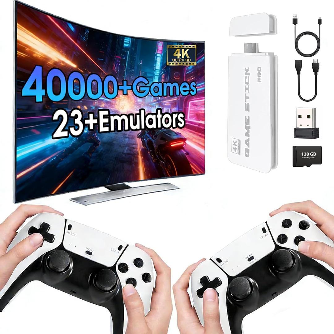 2026 New Wireless Retro Game Console, 23 Emulators and 40000+Games, Plug and Play 4K HDMI TV Game Stick, with Dual 2.4G Wireless Controllers (White)