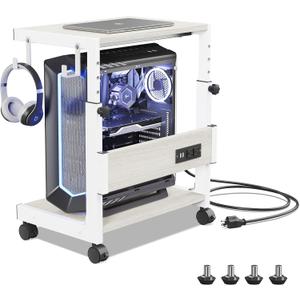 Computer Tower Stand with Charge Station and USB Charging Port - Height Adjustable PC Tower Stand, Under Desk CPU Holder Cart with Locking Caster Wheels for Fits Most PC (17.32", White)