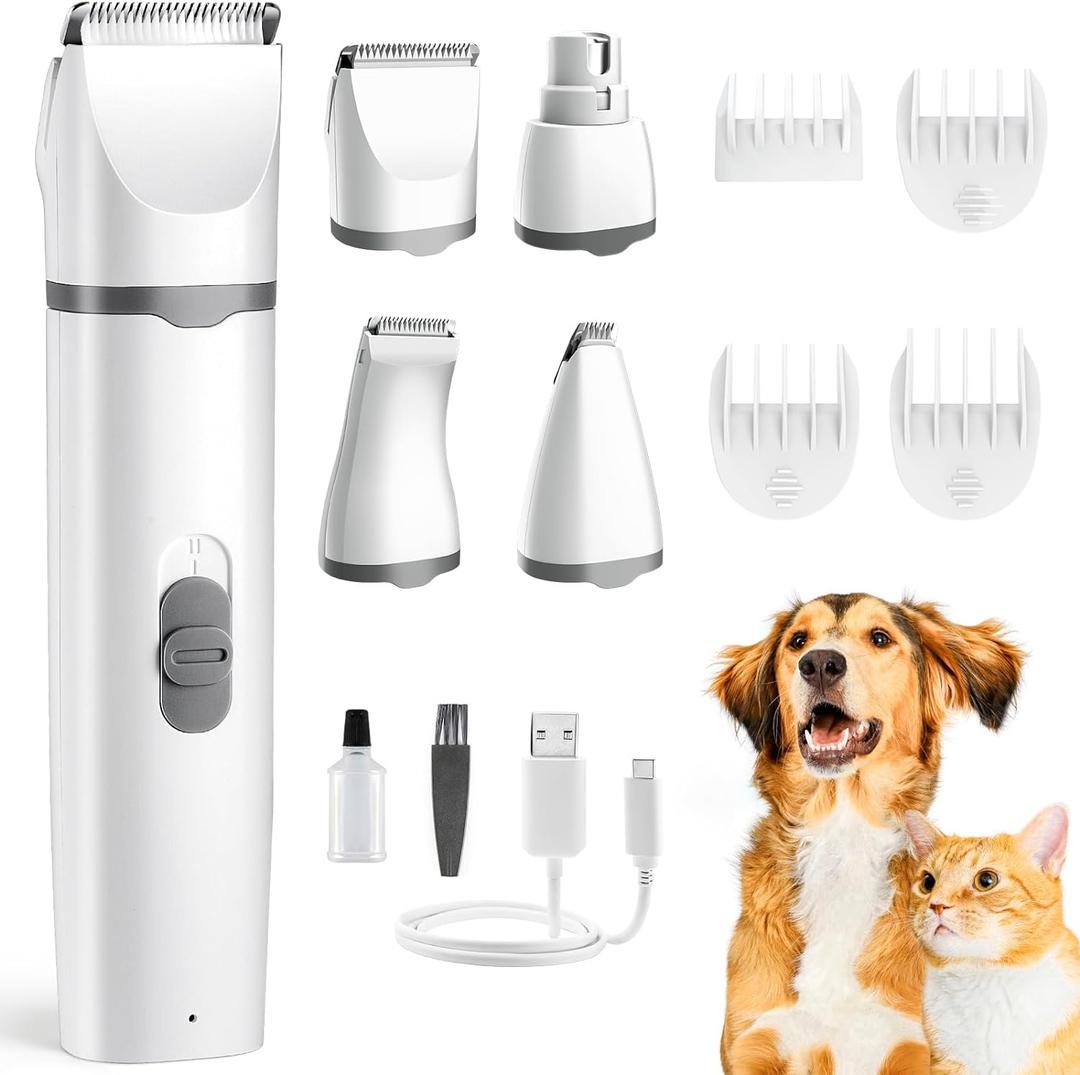 Dogs Hair Clippers Grooming Kit with Nail Grinder, 4 in 1 Cordless Electric Trimmer Low Noise USB Pet Clippers for Dogs Cat,Grooming Paws, Eyes, Ears, Face,Matted Hair (Large, Gray)