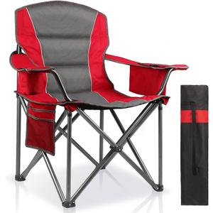 Oversized Padded Camping Chairs for Adults,Heavy Duty Support 400 Lbs,Folding Portable Lawn Chair w/Cup Holder,Cooler Bag,Side Pocket,Perfect for Outdoor Picnic,Hiking(Red), 1 Pack
