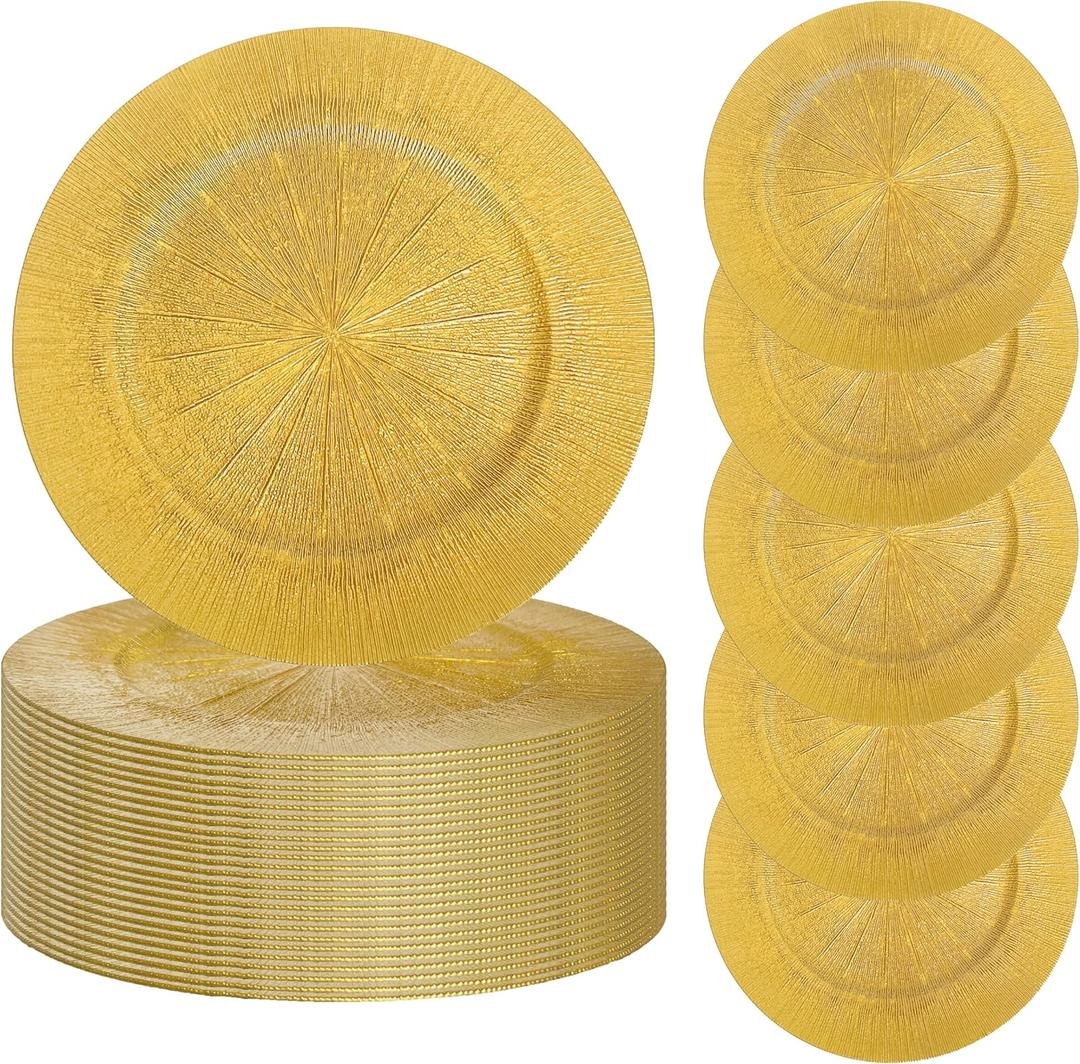 Henilosson 50 Pcs Pearlescent Gold Charger Plates Bulk 13 Inch Plastic Wedding Chargers Decor Floral Decorative Reusable Plates Charger for Wedding Party (50, PEARLESCENT GOLD)