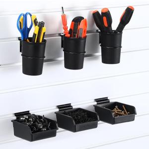 6 Pack Slatwall Cups Bins Plastic Organizer with Hooks and Loops Black Slatwall Accessories Set for Craft Workshop Workbench Hobby Office Tool Shed Hardware Garage