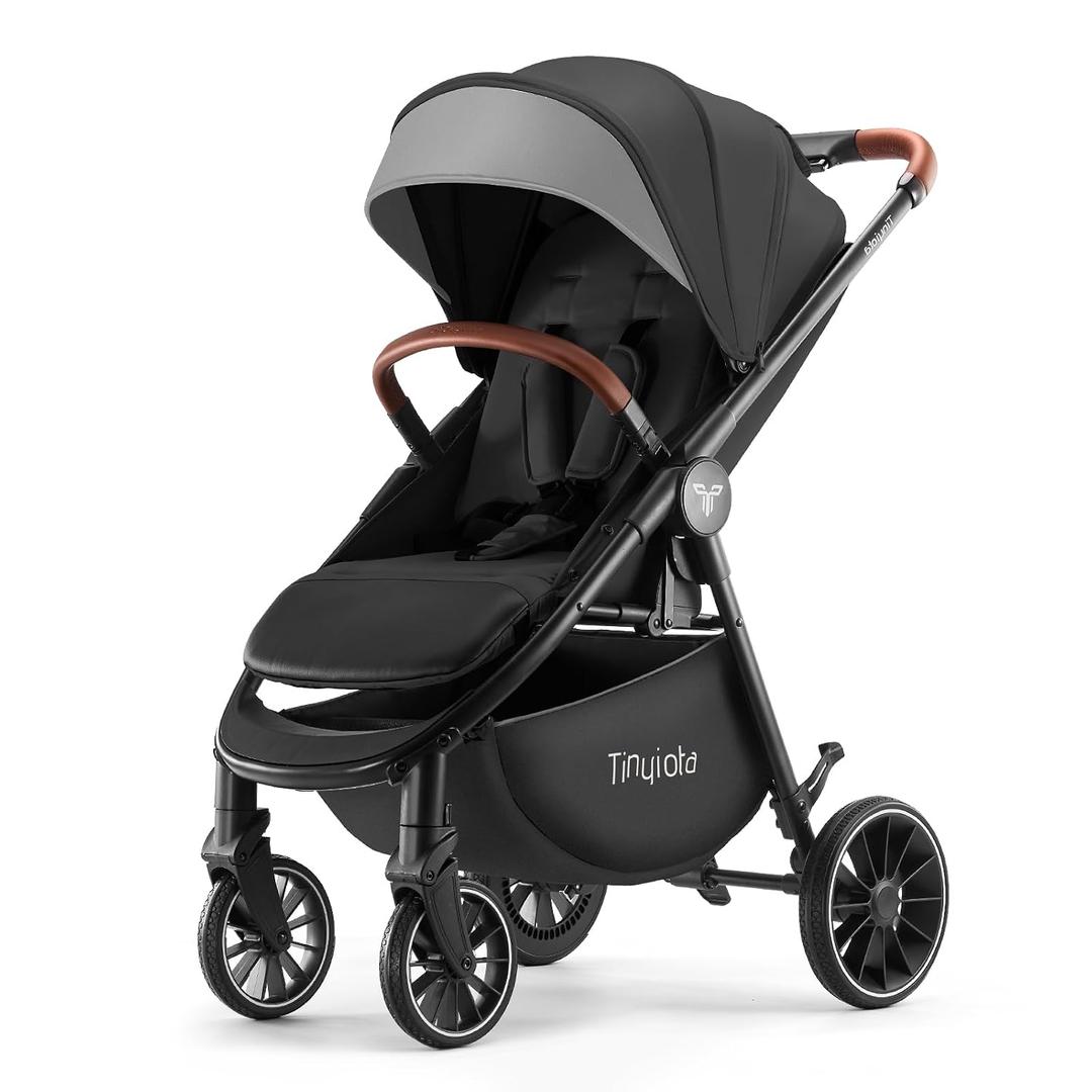 Tinyiota Stroller for Babies,Toddler Strollers with Large UPF 50+ Canopy,Luxury Baby Stroller with Leather Handle & Spacious Seat, One-Hand Foldable Pushchair,Baby Carriage with Lie-Flat Mode(Black)